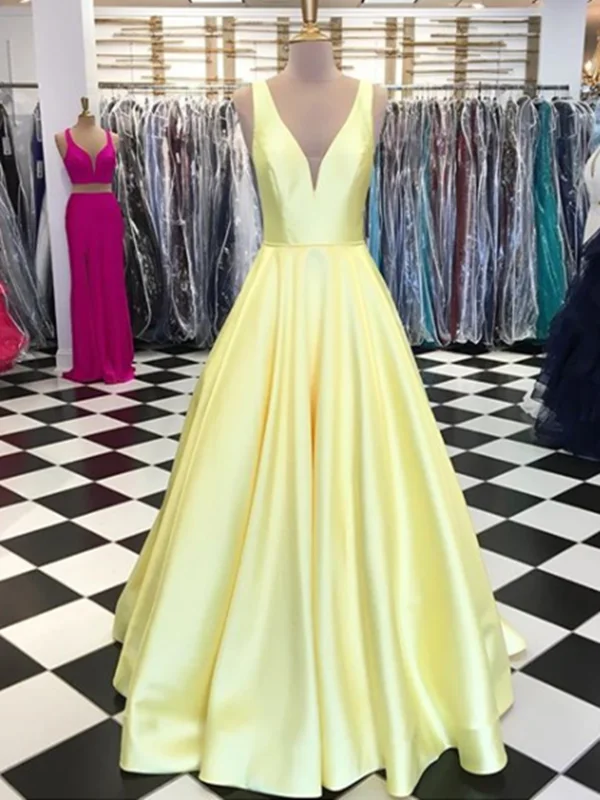 Simple V Neck Yellow Satin Prom Dress, Yellow Formal Dress, V Neck Evening Dress Neutral tone unclassified dresses