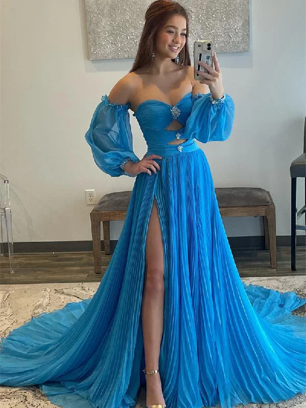 Sky Blue Detachable Sleeves Chiffon Prom Dresses, High Slit Prom Dresses, Newest Prom Dresses Metallic unclassified dresses