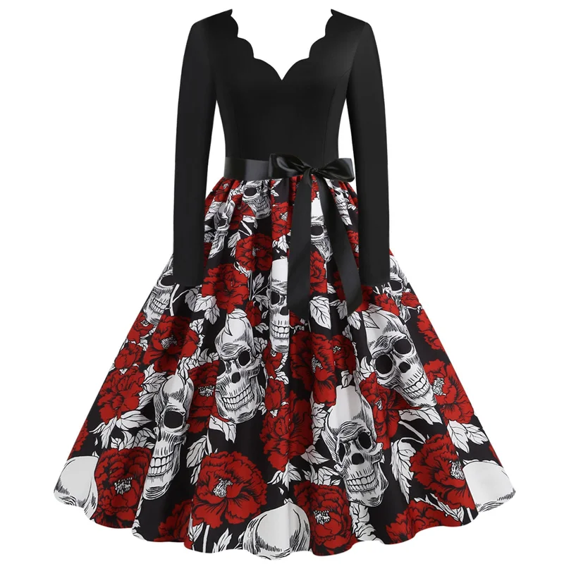 Slim Fit Skull Print Swing Dress Knitted floral dresses