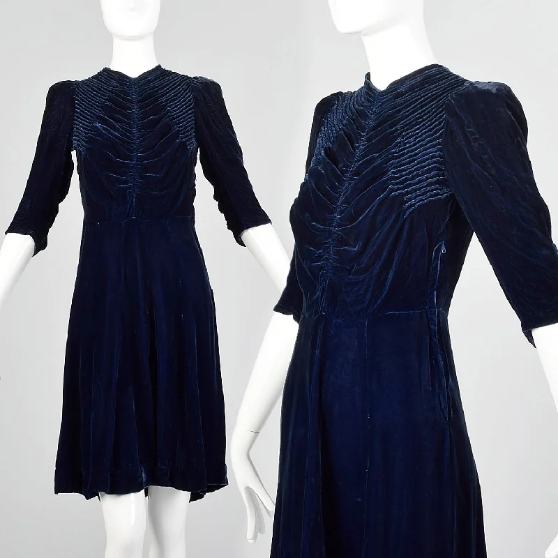 Small 1930s Blue Velvet Dress Satin unclassified dresses