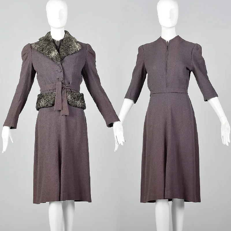 Small 1930s Gray Dress & Fur Trimmed Jacket Set Striped unclassified dresses