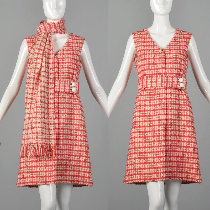 Small 1960s Plaid Wool Dress & Scarf Set Beaded unclassified dresses