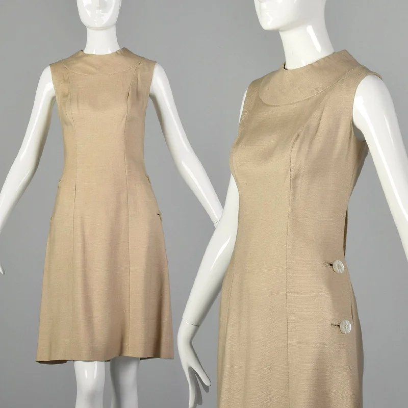 Small 1960s Tan Linen Shift Dress Club unclassified dresses