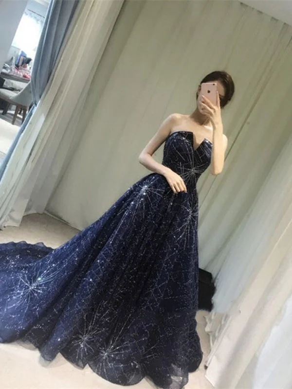 Special Navy Blue Prom Gown With Train, Navy Blue Formal Dress, Navy Blue Evening Dress Sequin unclassified dresses