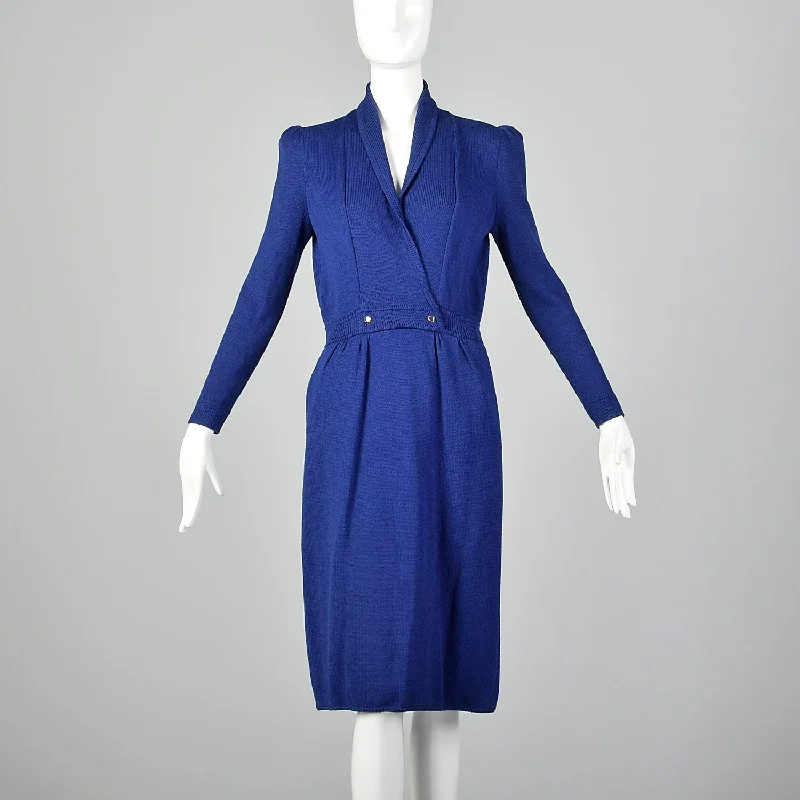 St. John 1980s Blue Faux Wrap Knit Dress Minimalist unclassified dresses