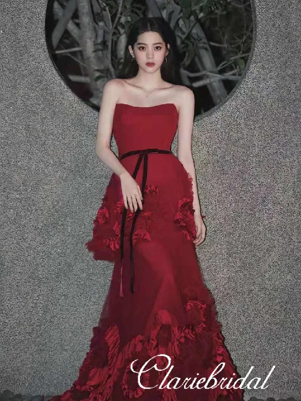 Strapless Red Tulle Prom Dresses, Floral Prom Dresses, Chic Long Prom Dresses, 2020 Prom Dresses Best floral dresses for work