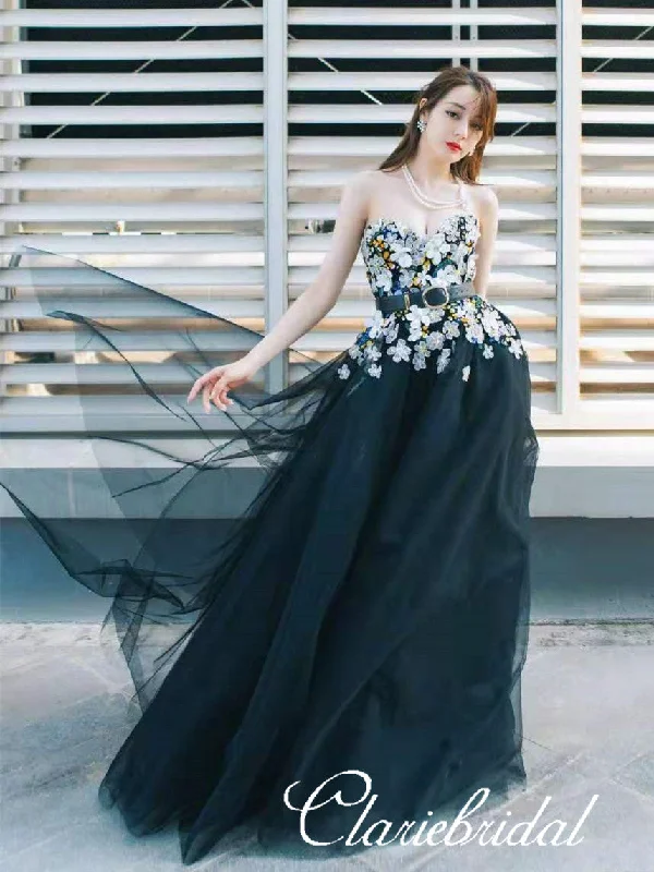 Sweetheart Long A-line Black Tulle Floral Prom Dresses, Appliques Prom Dresses, Newest Prom Dresses Sexy floral print dresses