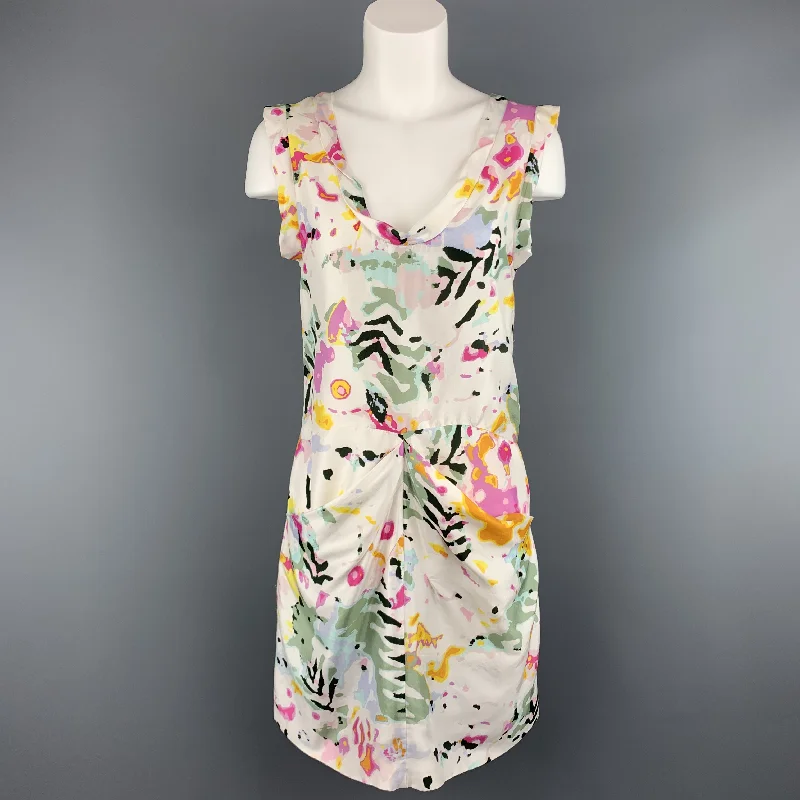 THAKOON Size 4 White Floral Print Silk Sleeveless Shift Dress Best floral dresses for beach vacations