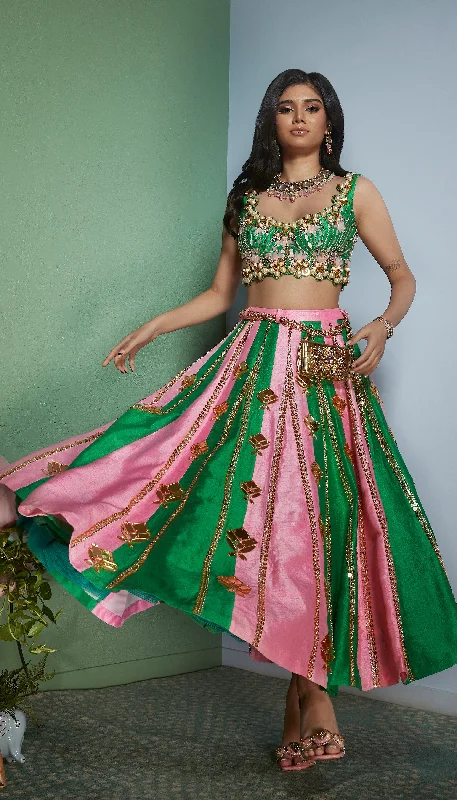 PINK EMERALD- PINK AND GREEN STRIPS HALF LEHENGA SET Striped unclassified dresses