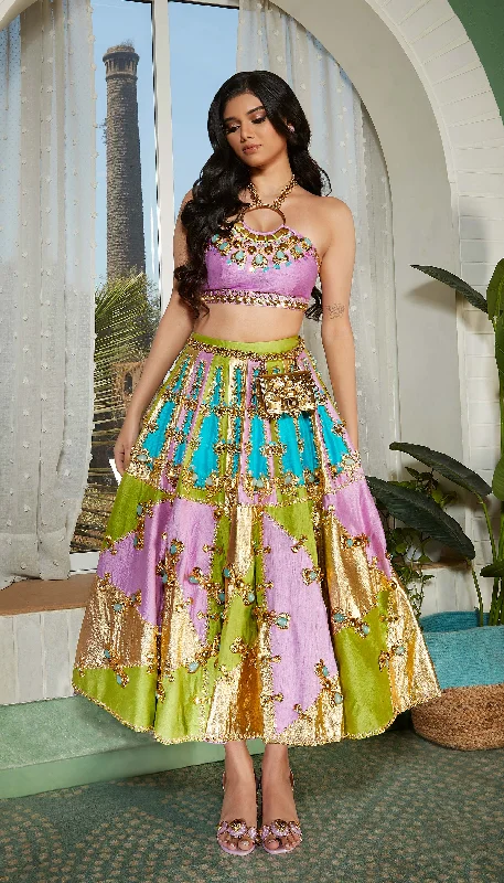 TWILIGHT- Tri-coloured panel embellished half lehenga set. Long unclassified dresses