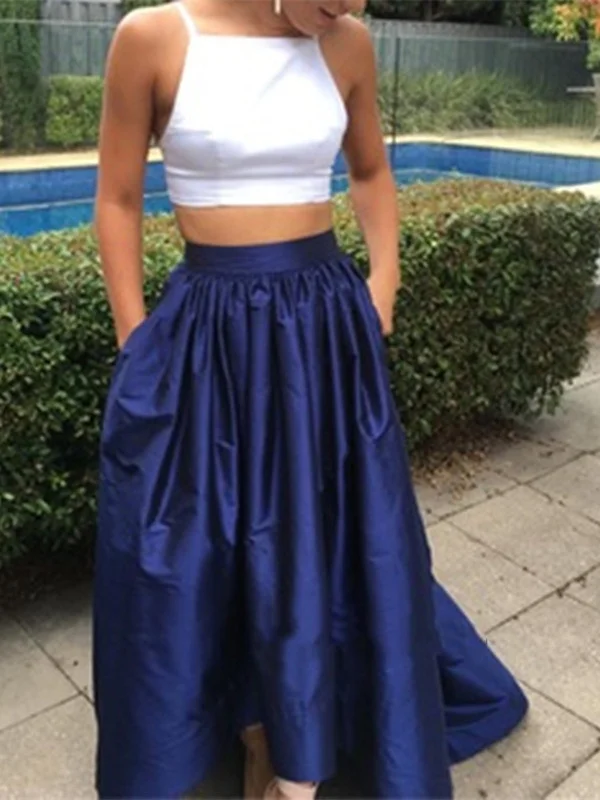 Two Pieces White And Navy Blue Satin Prom Dresses, Navy Blue Prom Gown, White Prom Dresses Discounted unclassified dresses