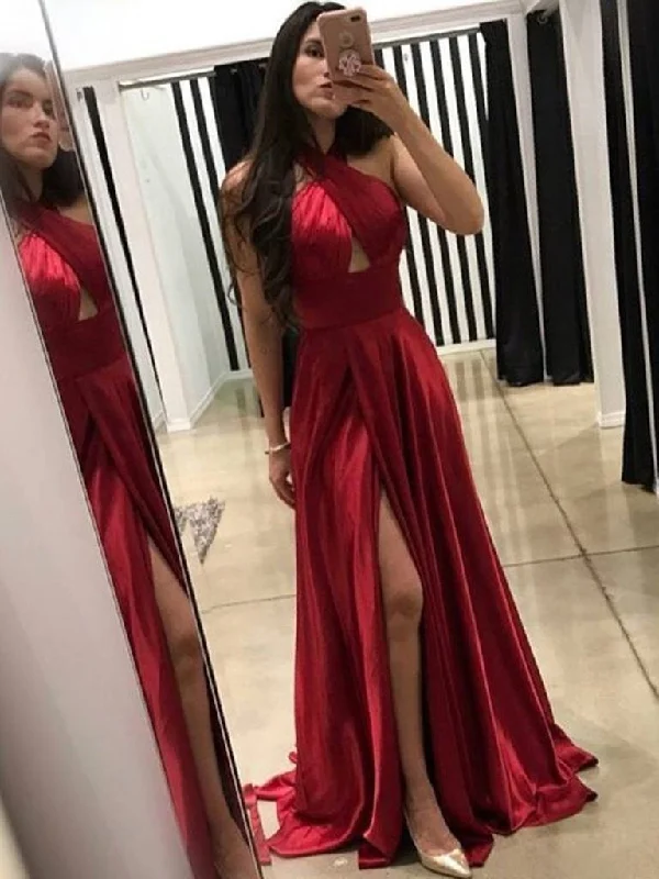 Unique A Line Backless Dark Red/Green Prom Dresses, Dark Red/Green Formal Dresses, Evening Dresses, Graduation Dresses Color block unclassified dresses