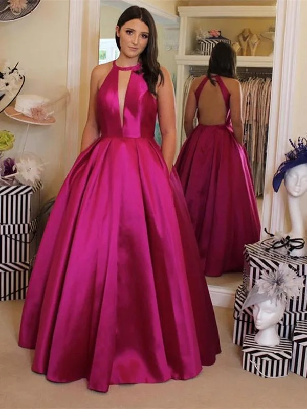 Unique Halter V Neck Backless Magenta Prom Dresses with Pocket, Backless Magenta Formal Dresses, Sexy Magenta Evening Dresses Gothic unclassified dresses