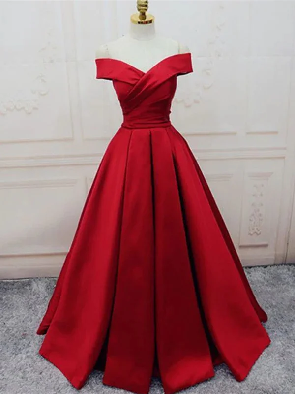 Unique Red Off Shoulder Floor Length Prom Dresses, Off Shoulder Formal Dresses Bold pattern unclassified dresses