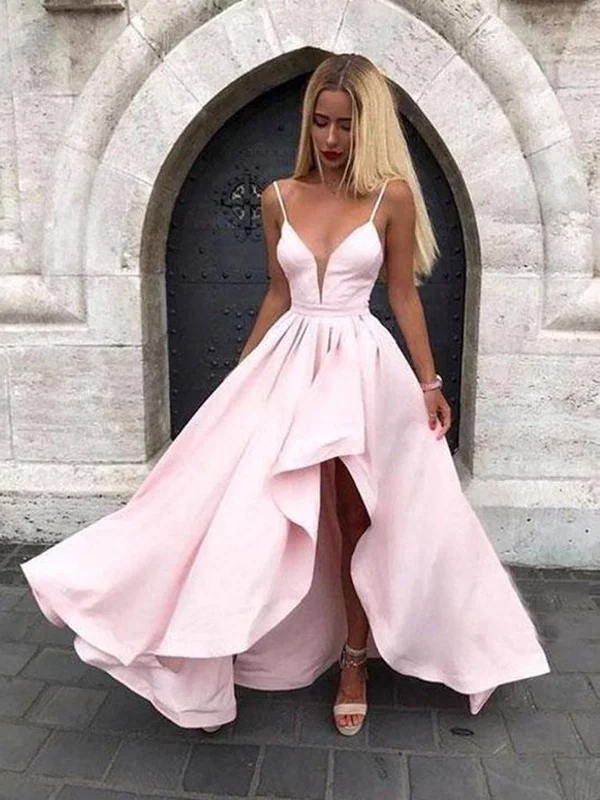 V Neck Pink High Low Prom Dresses, V Neck Pink High Low Formal Graduation Dresses Cotton unclassified dresses