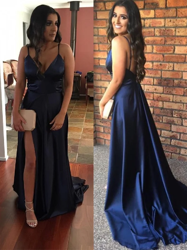 V Neck Spaghetti Straps Backless Satin Navy Blue Prom Dresses with Slit, Navy Blue Formal Dresses, Evening Dresses Sexy unclassified dresses