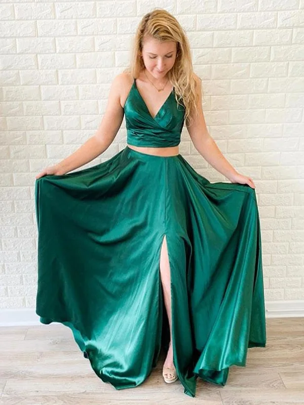 V Neck Two Pieces Backless Green Prom Dresses with Leg Split, Two Pieces Backless Green Formal Graduation Evening Dresses Flowy unclassified dresses