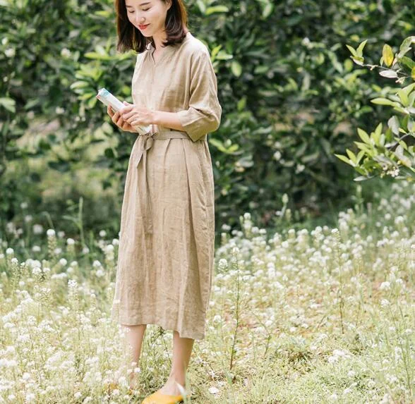 Khaki 100% Linen Women Dresses Half Sleeves Summer Women Dresses XH9527 Lace unclassified dresses