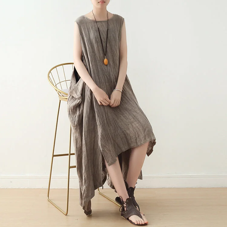 Khaki Linen Cotton Women Dresses Loose Fitting  Irregular Dresses Summer Casual Sleeveless Women Dresses AMT962210 Vintage unclassified dresses