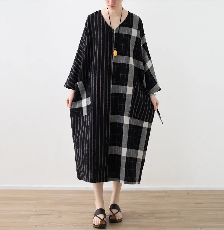 Plaid Stripe Patchwork V Neck Loose Dresses AMT962212 Budget-friendly unclassified dresses