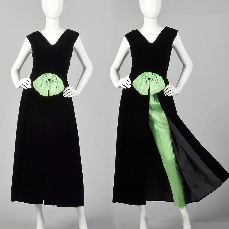 XS 1960s Black and Green Dress and Pants Hostess Set Ruched unclassified dresses