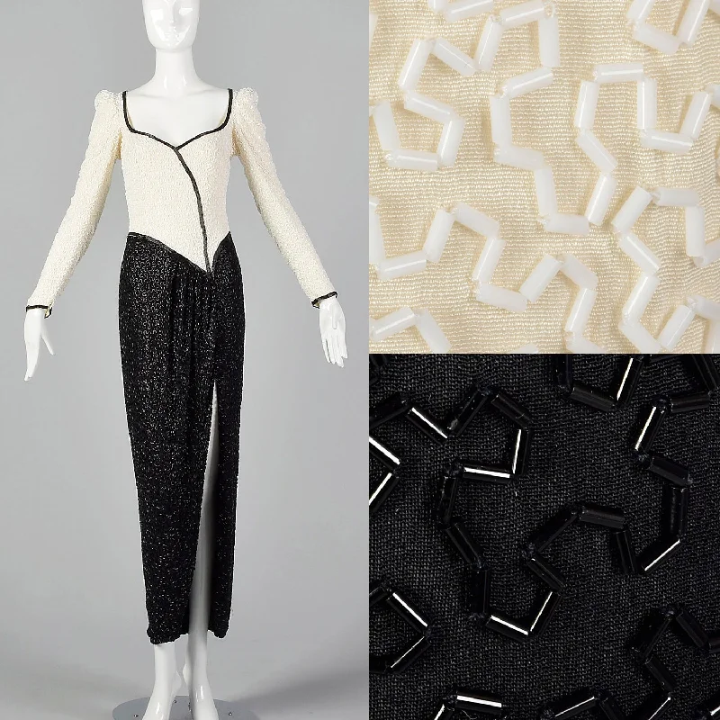 XS Lillie Rubin 1970s Black and White Beaded Gown Women's unclassified dresses