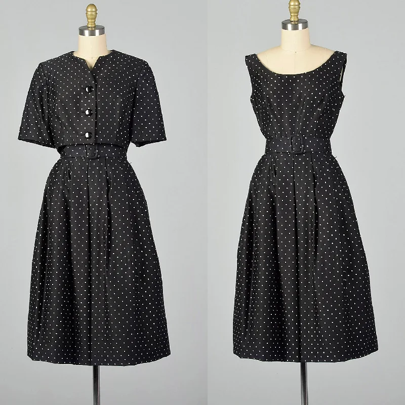 XXS 1950s Adele Simpson Black and White Polka Dot Dress Long sleeve unclassified dresses