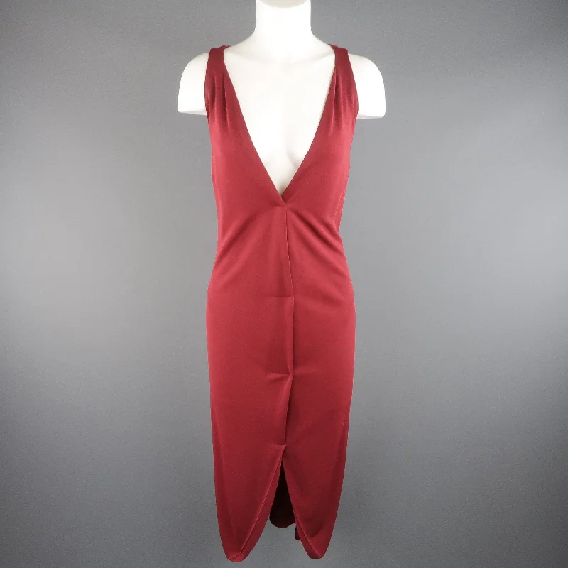 YVES SAINT LAURENT Size 14 Burgundy Viscose Blend V Neck Shift Dress Short unclassified dresses