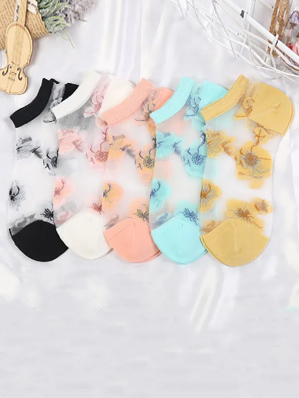 5 Pairs Women Summer Flower Thin Short Socks CX019 Pleated Mini Denim