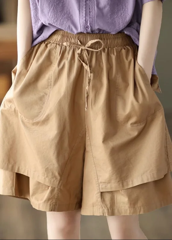 Boho Khaki Pockets Patchwork Elastic Waist Cotton Shorts Summer QQ1027 Stylish Mini Skirt