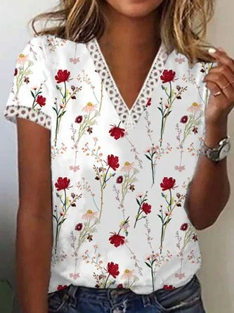 Boho V Neck Floral Short Sleeve T-Shirt QAL30 Vintage Pleated Skirt