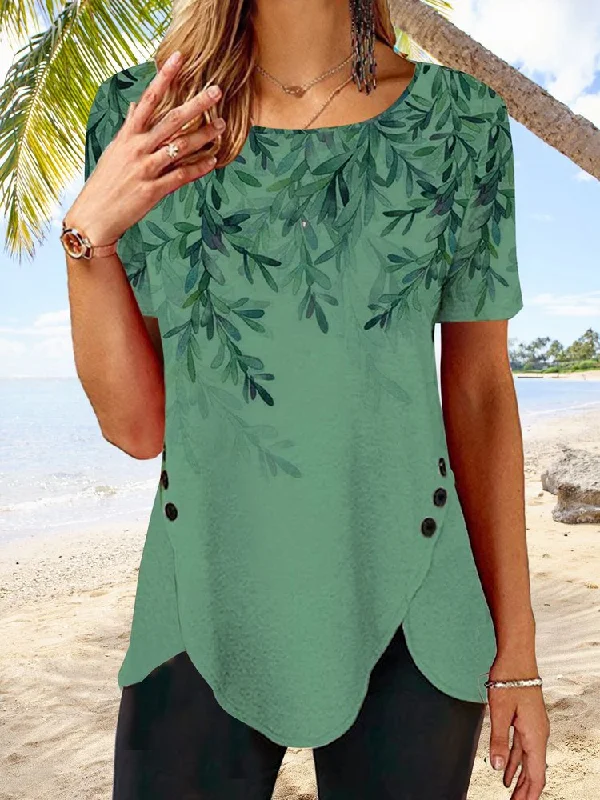 JFN Women Round Neck Short Sleeve Leaf Print Buttoned Holiday Tunic T-Shirt  cc181 Mini Skirt with Lace