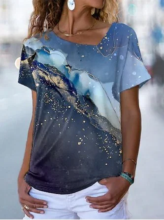 Women's Tee Print Galaxy Graphic Asymmetrical Neck Casual Daily Print Short Sleeve Top Tunic T-Shirt QAD40 Wrap Mini Skirt