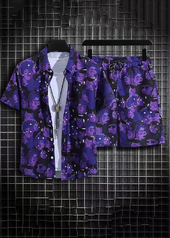 Chic Purple Print Shirt And Shorts Ice Silk Men Two Pieces Set Summer HG047 Stylish Pleated Skirt