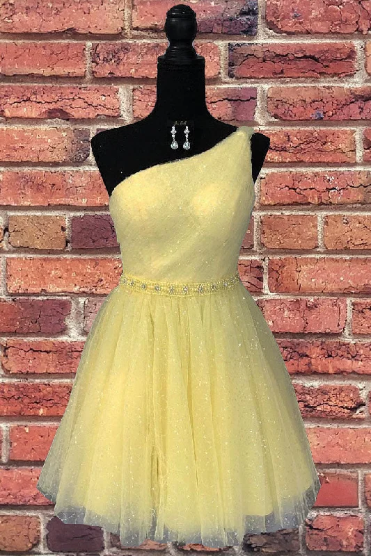 Classy Yellow One Shoulder Short Corset Formal Gown with Beading outfit Sexy Mini Skirt