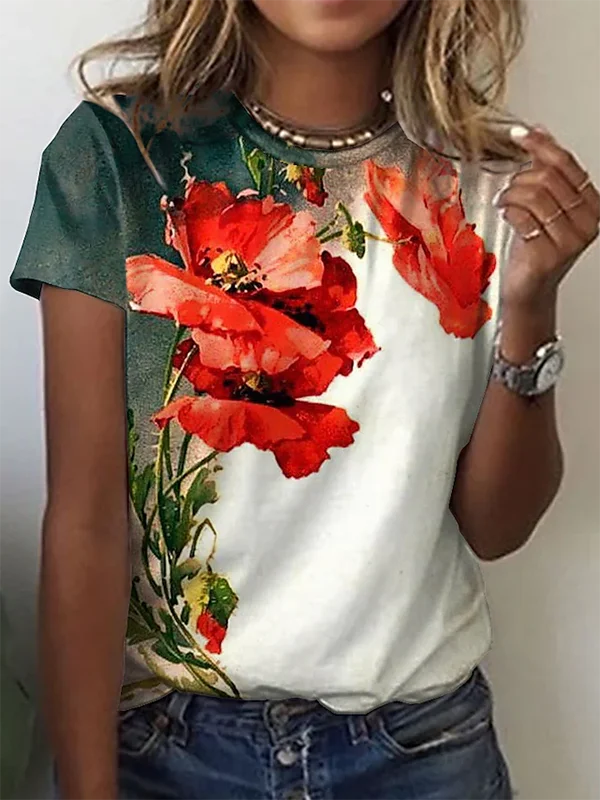 Floral Crew Neck Casual Short Sleeve T-Shirt  QH96 Vintage Mini Skirt