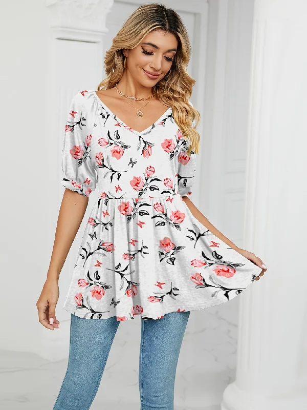 Floral Print V Neck T-shirt, Casual Loose Bubble Short Sleeve Summer Tunic T-Shirts Tops, Women's Cl AZ1006 Button-front Mini Skirt