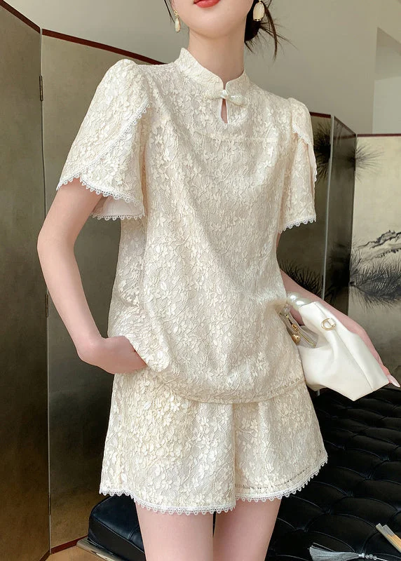 Jacquard Beige Stand Collar Lace Patchwork Chiffon Shirts And Shorts Two Pieces Set Summer WW002 Lace Mini Skirt