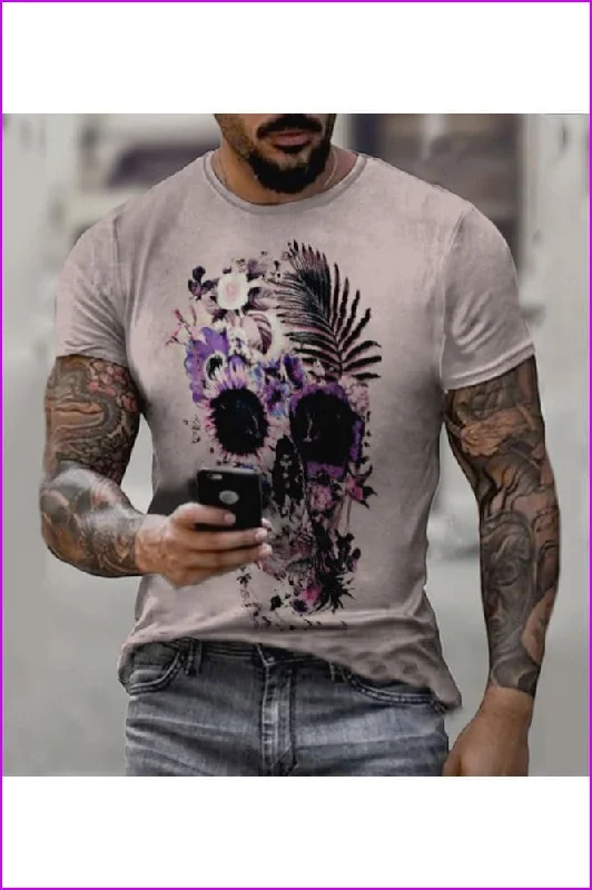 Men's Retro Flower Skull Printed Short Sleeve T-Shirt Summer Denim Mini