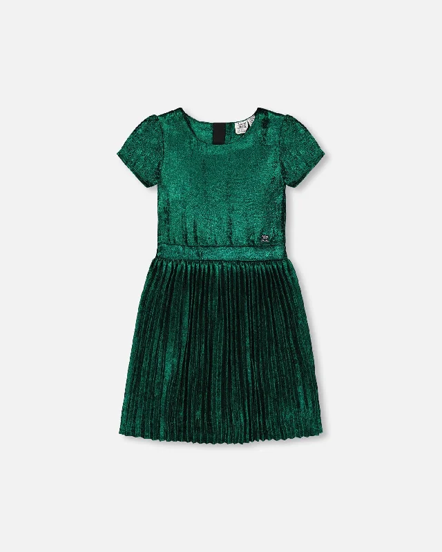 Short Sleeve Dress With Pleated Skirt Metallic Green Colorful Mini Skirt