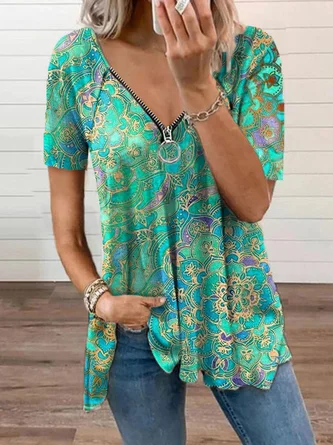 Women's Floral Printed Short Sleeve V Neck Cotton Blend Green Tunic T-Shirt QAD38 A-line Denim Skirt