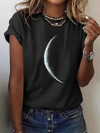 Star Printed Casual Short Sleeve Crew Neck Casual T-shirt QAL34 Raw Hem Mini Skirt