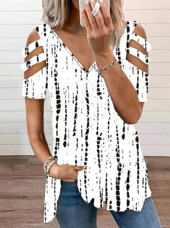 Tribal Geometric Striped Casual Hollow Out V Neck Loosen Short Sleeve Tunic T-Shirt QAL46 Fringed Mini Skirt