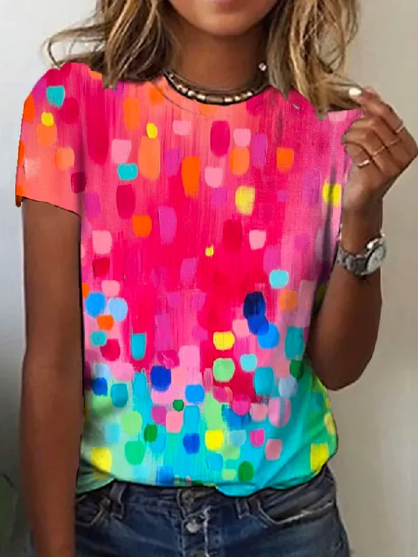 Crew Neck Casual Ombre Loose Rainbow Dot Short Sleeve T-Shirt  cc193 Soft Leather Skirt