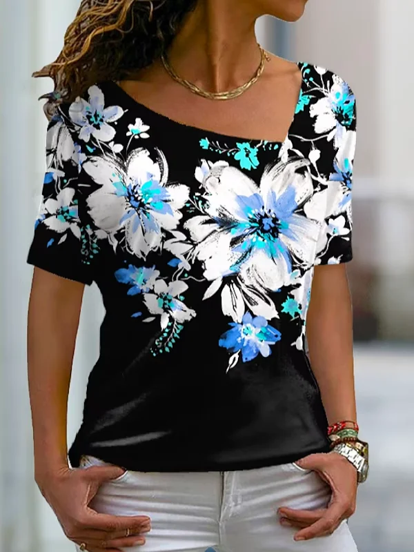 Floral Asymmetrical Casual Floral Print Short Sleeve Holiday Weekend Basic V Neck Regular T-Shirt  WS76 White Mini Skirt