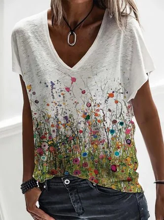 Women Casual Floral Summer V neck Daily Loose Short sleeve H-Line Regular Size T-shirt QAL28 Summer Skater Skirt