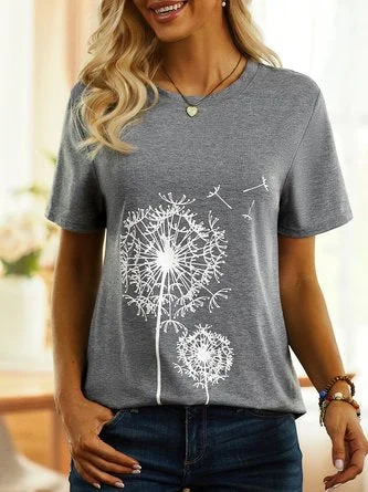 Dandelion Print Cotton-Blend Short Sleeve Casual T-Shirt QAW29 Leather Mini Skirt