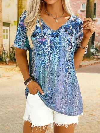 Casual Geometric Abstract Floral Printed Off Shoulder Loosen Short Sleeve Tunic T-Shirt QAD48 Mini Skirt Trendy