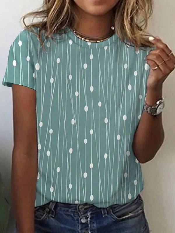 Geometric Crew Neck Casual Short Sleeve T-Shirt  cc204 Lace-up Mini Skirt