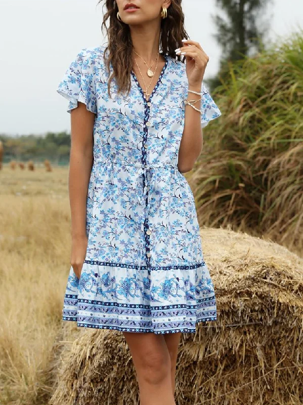 Spring and Summer New Beach Skirt V-Neck Short Sleeve Bohemian Dress Button-up Mini Skirt